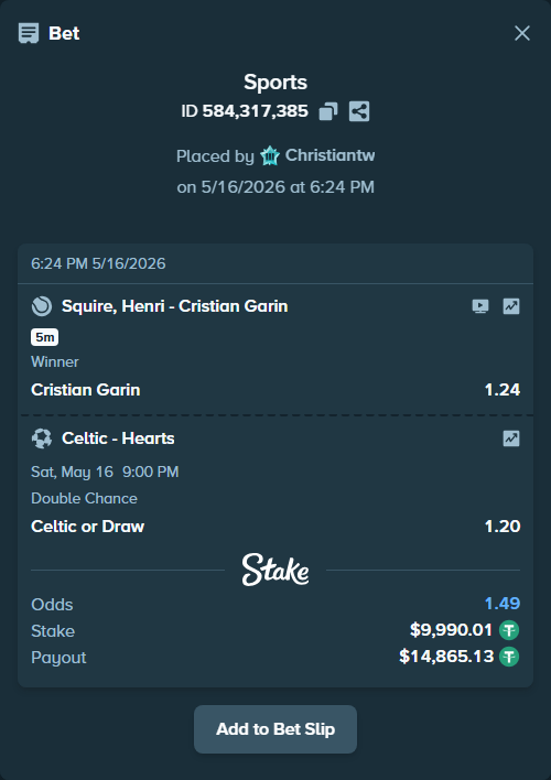 Bet slip: Squire, Henri - Cristian Garin, $10,000.00 stake at 1.24 odds, placed by Christiantw