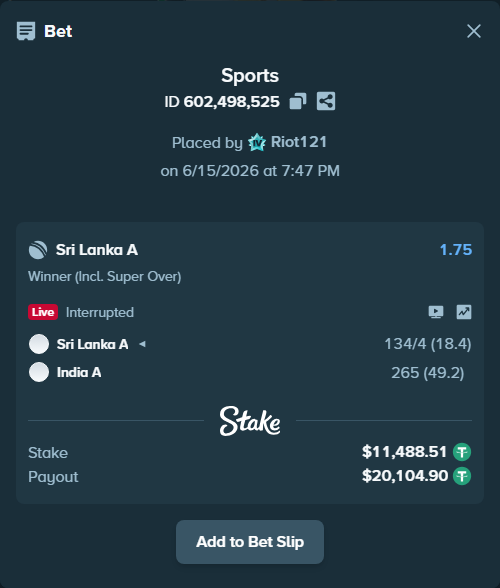 Bet slip: Sri Lanka A - India A, $11,500.00 stake at 1.75 odds, placed by Riot121