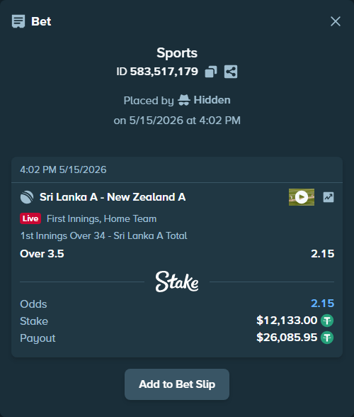 Bet slip: Sri Lanka A - New Zealand A, $12,133.00 stake at 2.15 odds, placed by Hidden