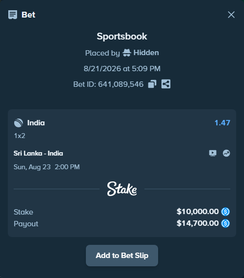 Bet slip: Sri Lanka - India, $10,000.00 stake at 1.47 odds, placed by Hidden
