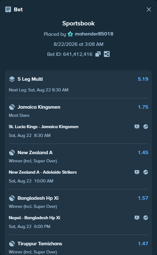 Bet slip: Sri Lanka - India, $10,133.63 stake at 18.50 odds, placed by mahender85018