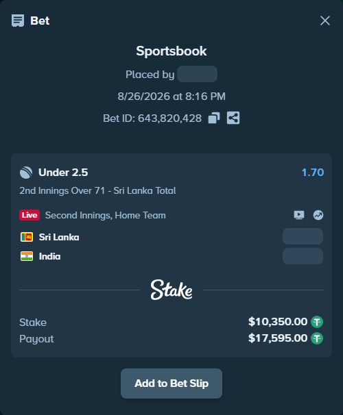 Bet slip: Sri Lanka - India, $10,350.00 stake at 1.70 odds, placed by Munni12300