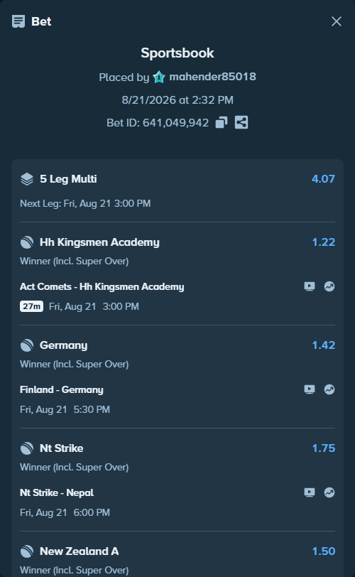 Bet slip: Sri Lanka - India, $11,025.07 stake at 18.50 odds, placed by mahender85018