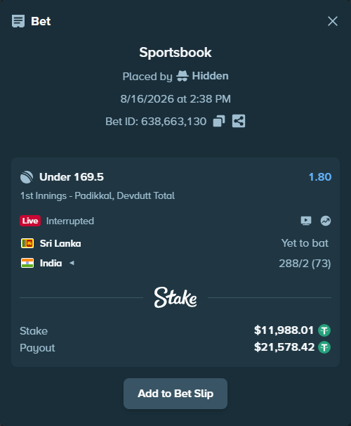 Bet slip: Sri Lanka - India, $12,000.00 stake at 1.80 odds, placed by Munni12300