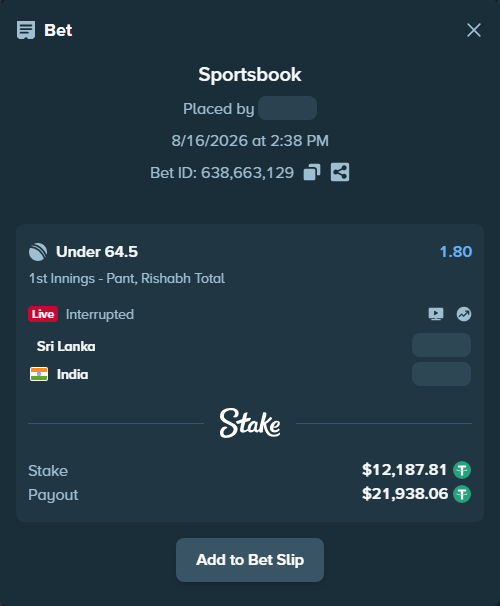 Bet slip: Sri Lanka - India, $12,200.00 stake at 1.80 odds, placed by Munni12300