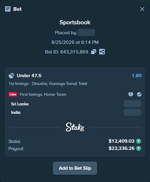 Bet slip: Sri Lanka - India, $12,409.03 stake at 1.80 odds, placed by Munni12300