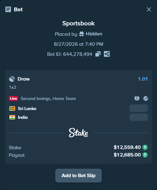 Bet slip: Sri Lanka - India, $12,559.40 stake at 1.01 odds, placed by Hidden