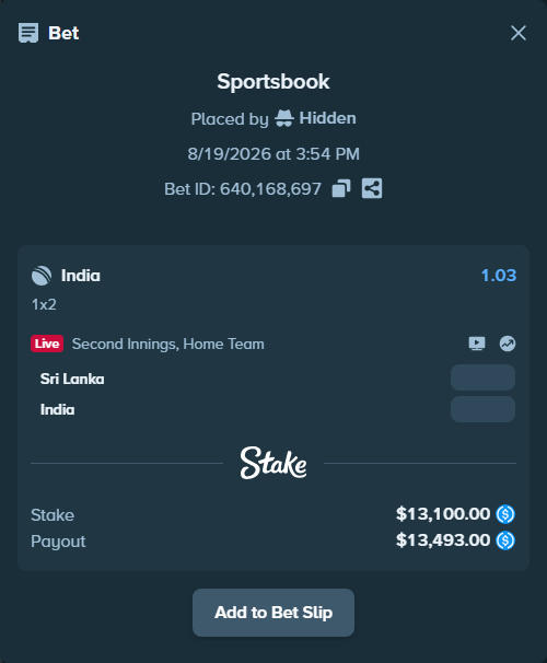 Bet slip: Sri Lanka - India, $13,100.00 stake at 1.03 odds, placed by Hidden