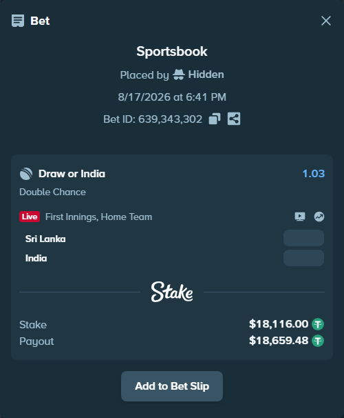 Bet slip: Sri Lanka - India, $18,134.12 stake at 1.03 odds, placed by Hidden