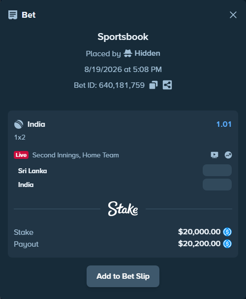Bet slip: Sri Lanka - India, $20,000.00 stake at 1.01 odds, placed by Hidden