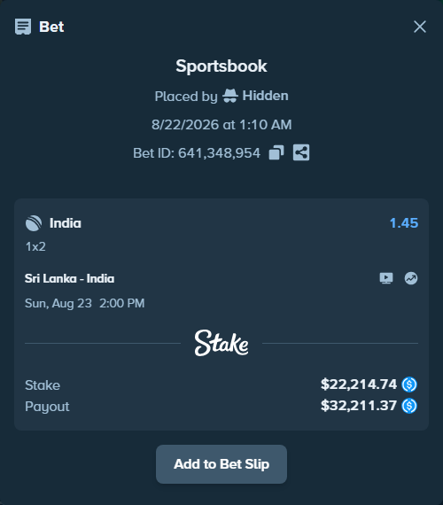 Bet slip: Sri Lanka - India, $22,214.74 stake at 1.45 odds, placed by Hidden