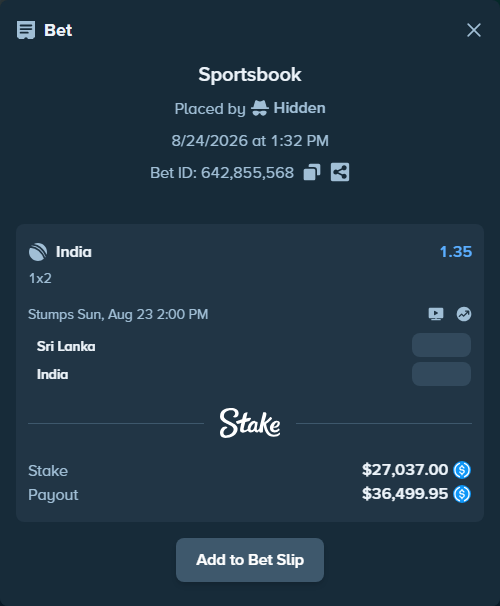 Bet slip: Sri Lanka - India, $27,037.00 stake at 1.35 odds, placed by Hidden
