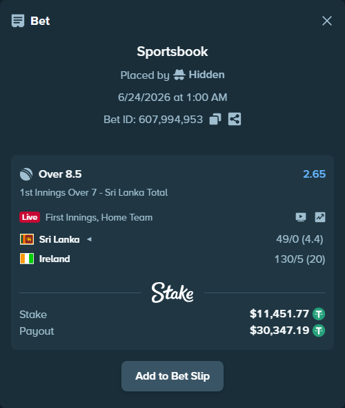 Bet slip: Sri Lanka - Ireland, $11,463.22 stake at 2.65 odds, placed by Hidden