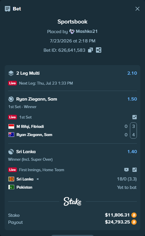 Bet slip: Sri Lanka - Pakistan, $11,566.10 stake at 1.40 odds, placed by Mashko21