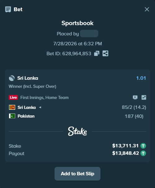 Bet slip: Sri Lanka - Pakistan, $13,725.02 stake at 1.01 odds, placed by sanchit86