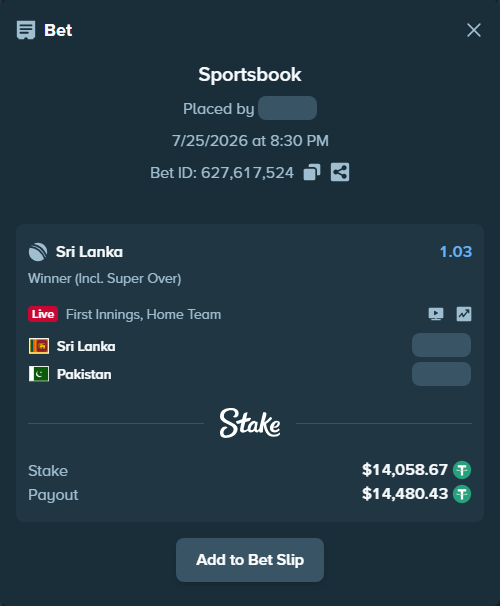Bet slip: Sri Lanka - Pakistan, $14,072.73 stake at 1.03 odds, placed by sanchit86