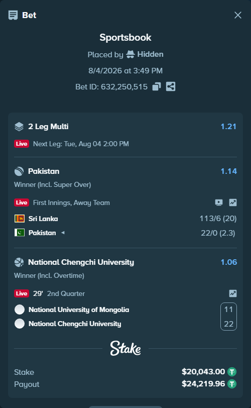 Bet slip: Sri Lanka - Pakistan, $20,063.04 stake at 1.14 odds, placed by Hidden