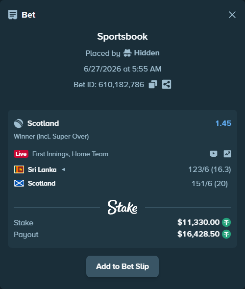Bet slip: Sri Lanka - Scotland, $11,341.33 stake at 1.45 odds, placed by Hidden