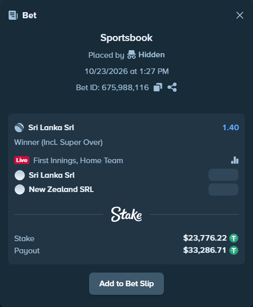 Bet slip: Sri Lanka SRL - New Zealand SRL, $23,800.00 stake at 1.40 odds, placed by joshuahahn