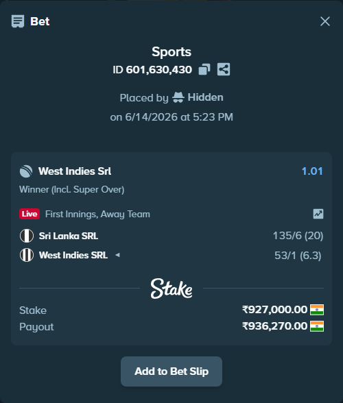 Bet slip: Sri Lanka SRL - West Indies SRL, $11,124.00 stake at 1.01 odds, placed by Hidden