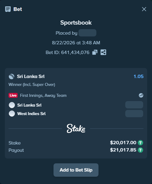 Bet slip: Sri Lanka SRL - West Indies SRL, $20,017.00 stake at 1.05 odds, placed by riaggo1
