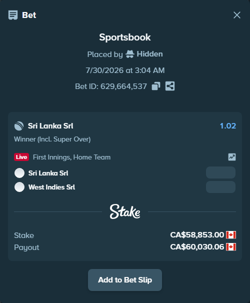 Bet slip: Sri Lanka SRL - West Indies SRL, $43,551.22 stake at 1.02 odds, placed by Hidden