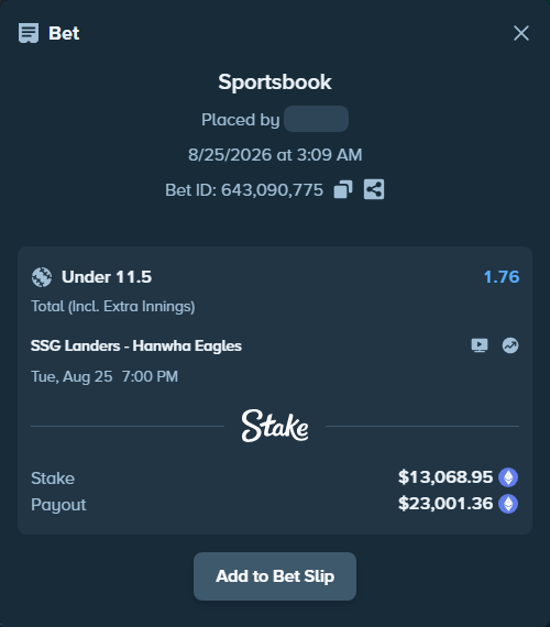 Bet slip: SSG Landers - Hanwha Eagles, $13,044.58 stake at 1.76 odds, placed by myprecious1