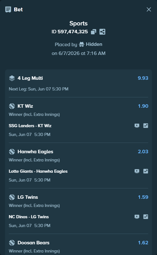 Bet slip: SSG Landers - KT Wiz, $10,000.00 stake at 1.90 odds, placed by Hidden