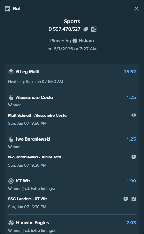 Bet slip: SSG Landers - KT Wiz, $10,000.00 stake at 1.90 odds, placed by Hidden