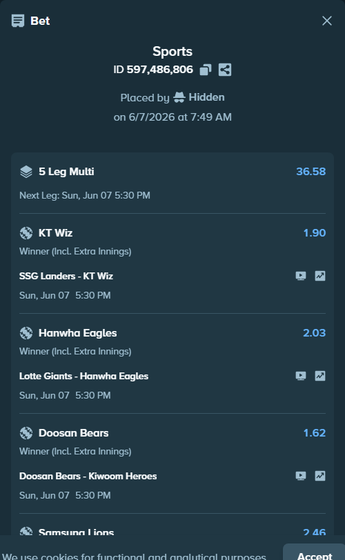 Bet slip: SSG Landers - KT Wiz, $20,000.00 stake at 1.90 odds, placed by Hidden