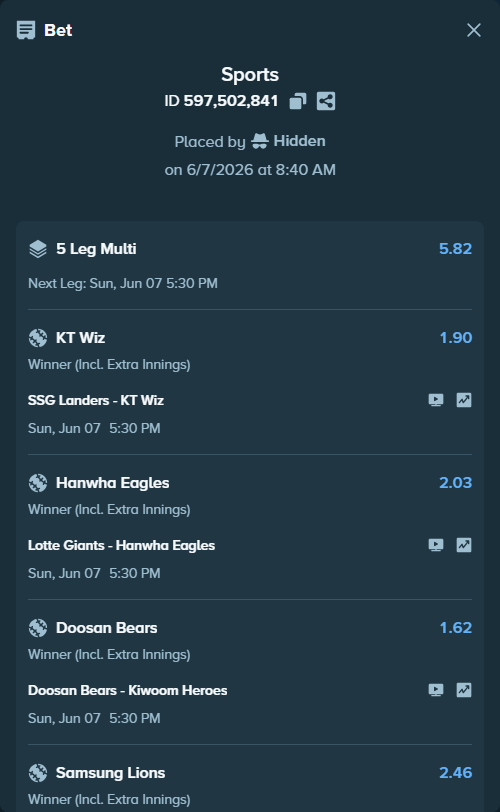 Bet slip: SSG Landers - KT Wiz, $20,000.00 stake at 1.90 odds, placed by Hidden