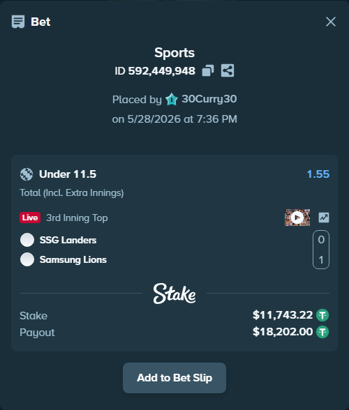 Bet slip: SSG Landers - Samsung Lions, $11,766.71 stake at 1.55 odds, placed by 30Curry30
