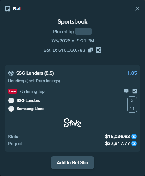 Bet slip: SSG Landers - Samsung Lions, $15,036.63 stake at 1.85 odds, placed by OlegStake27