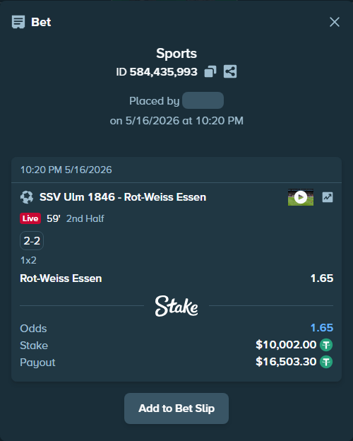 Bet slip: SSV Ulm 1846 - Rot-Weiss Essen, $10,012.00 stake at 1.65 odds, placed by ArdianHertica