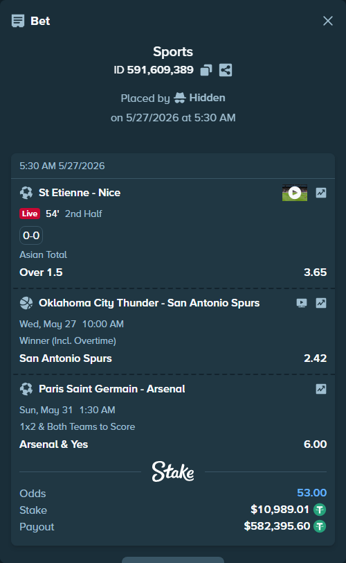 Bet slip: St Etienne - Nice, $11,000.00 stake at 3.65 odds, placed by Hidden