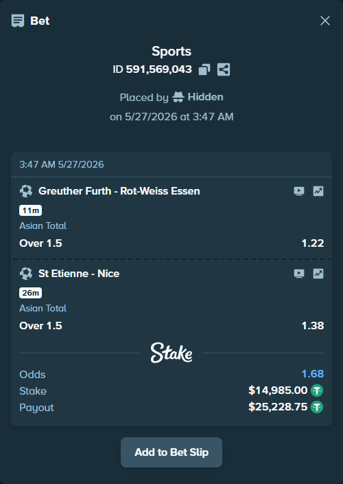 Bet slip: St Etienne - Nice, $14,999.98 stake at 1.38 odds, placed by Hidden