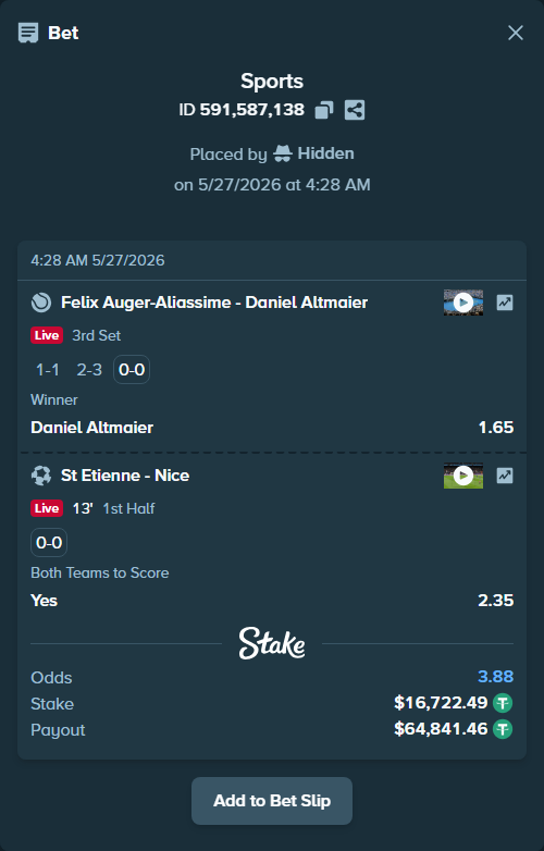 Bet slip: St Etienne - Nice, $16,739.21 stake at 2.35 odds, placed by Hidden