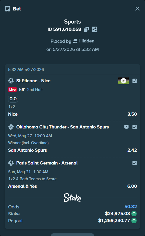 Bet slip: St Etienne - Nice, $25,000.00 stake at 3.50 odds, placed by Hidden