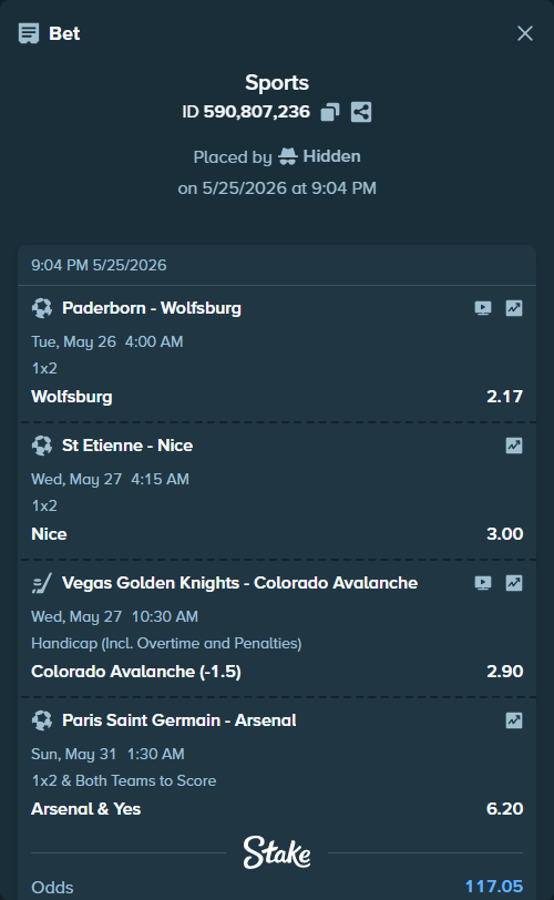 Bet slip: St Etienne - Nice, $40,136.30 stake at 3.00 odds, placed by Hidden