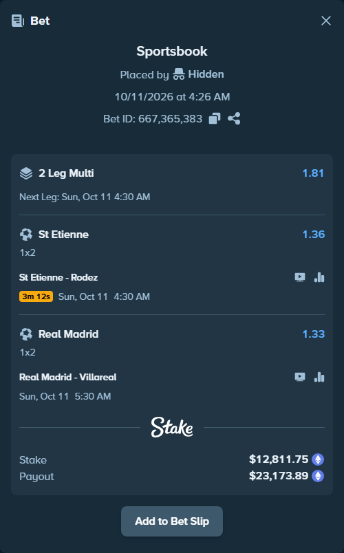 Bet slip: St Etienne - Rodez, $12,801.86 stake at 1.36 odds, placed by Hidden