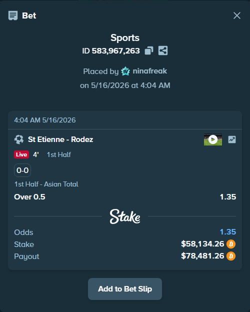 Bet slip: St Etienne - Rodez, $47,091.07 stake at 1.35 odds, placed by ninafreak