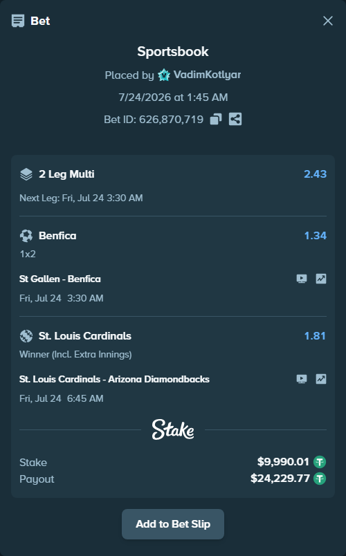 Bet slip: St Gallen - Benfica, $10,000.00 stake at 1.34 odds, placed by VadimKotlyar
