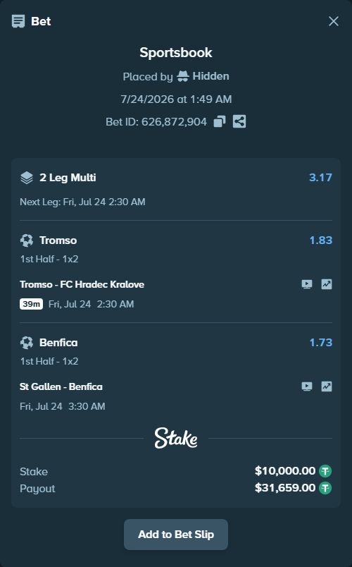 Bet slip: St Gallen - Benfica, $10,010.00 stake at 1.73 odds, placed by Hidden