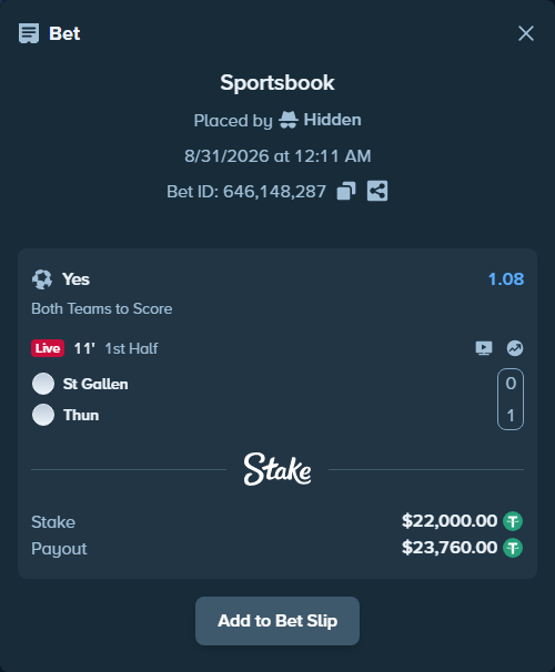 Bet slip: St Gallen - Thun, $22,000.00 stake at 1.08 odds, placed by Hidden