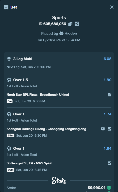 Bet slip: St George City FA - NWS Spirit, $10,000.00 stake at 1.84 odds, placed by Hidden