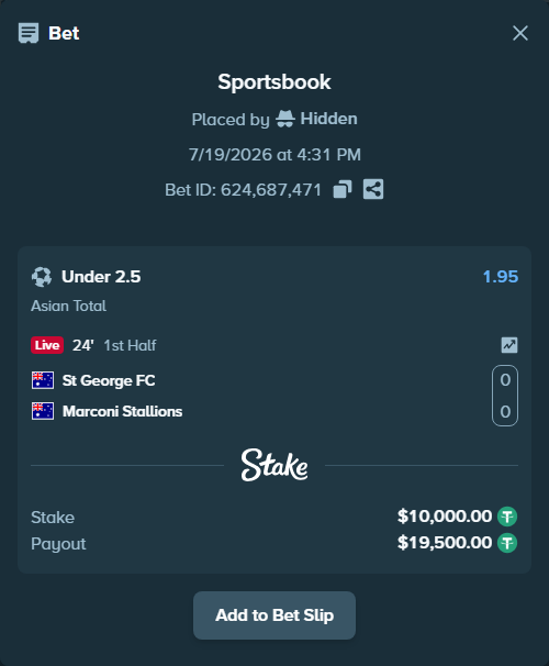 Bet slip: St George FC - Marconi Stallions, $10,000.00 stake at 1.95 odds, placed by Hidden