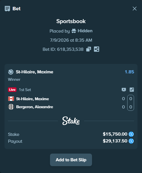 Bet slip: St-Hilaire, Maxime - Bergeron, Alexandre, $15,750.00 stake at 1.85 odds, placed by Hidden