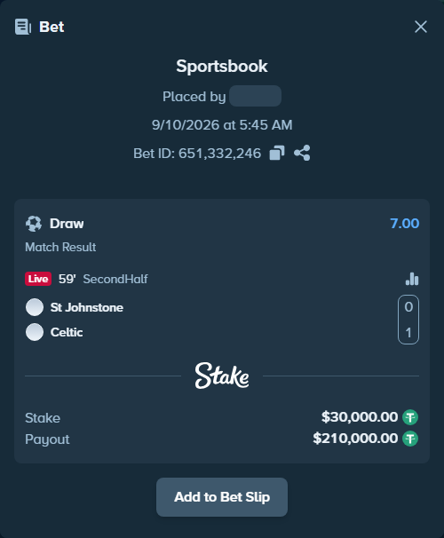 Bet slip: St. Johnstone FC - Celtic, $30,000.00 stake at 7.00 odds, placed by ayoflasher