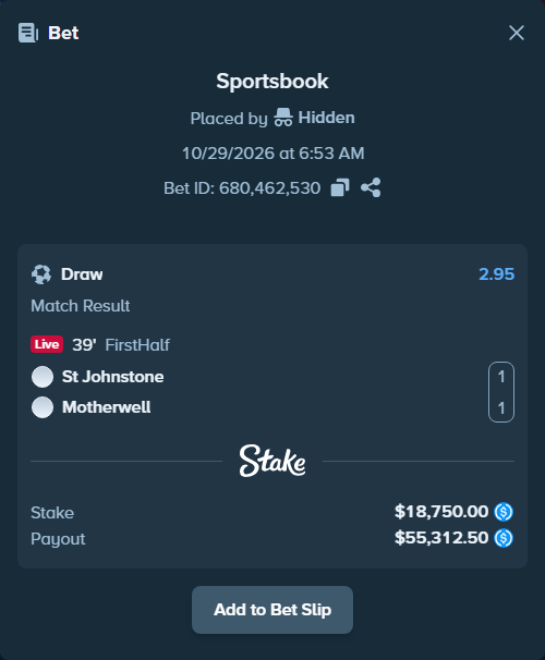 Bet slip: St. Johnstone FC - Motherwell, $18,750.00 stake at 2.95 odds, placed by Hidden