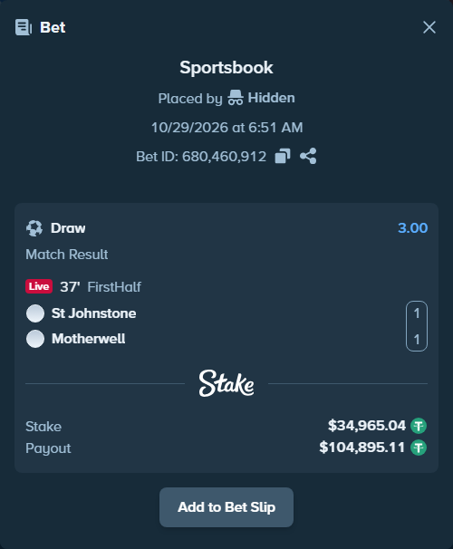 Bet slip: St. Johnstone FC - Motherwell, $35,000.00 stake at 3.00 odds, placed by TheEarlinGrey